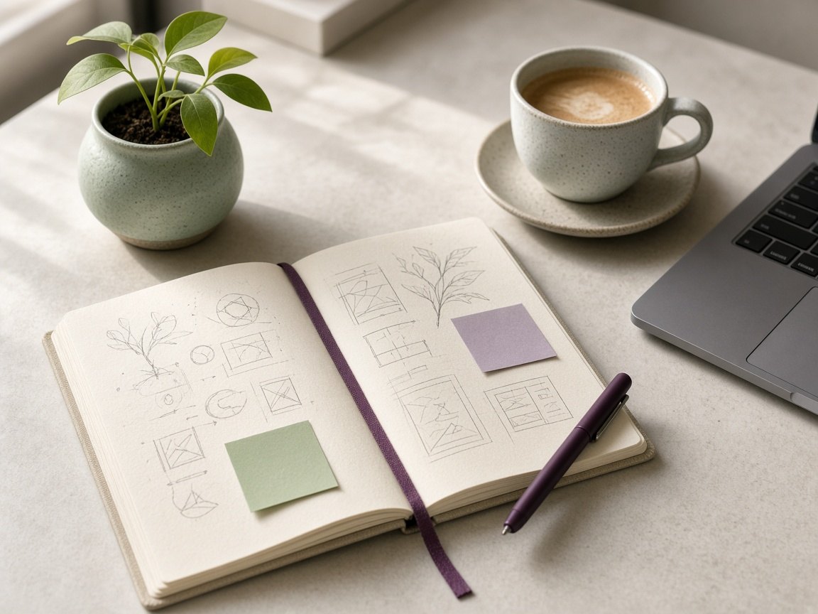 A founder's desk with a seedling in a sage pot, a notebook of sketches and a cup of coffee