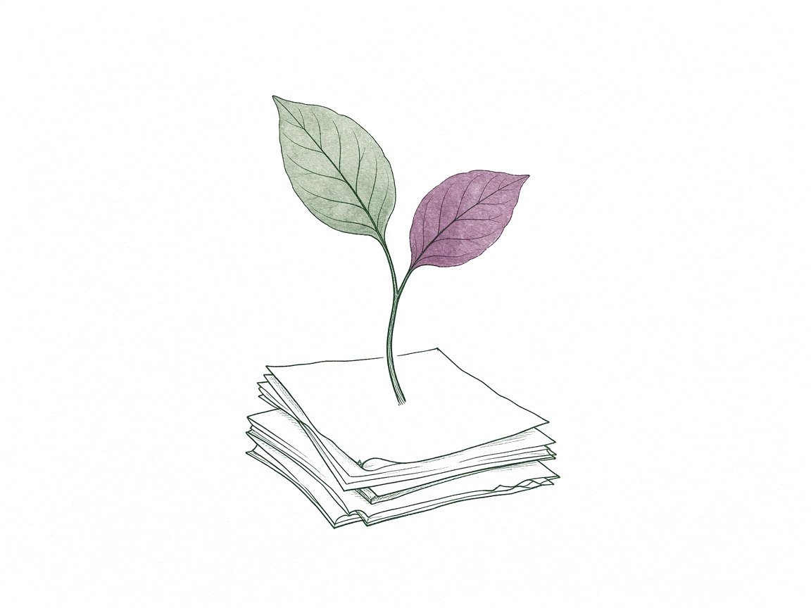 Line drawing of a seedling with a sage leaf and a plum leaf growing from a stack of paper